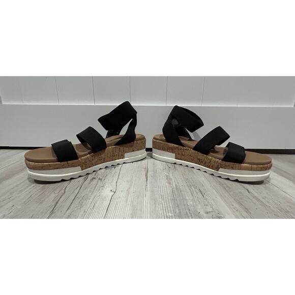Skechers Luxe Foam Sandals Size 8 Boho Cork Wedge Heel Black Stretchy Straps - Picture 9 of 9